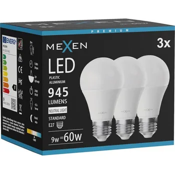 Žárovka Mexen Nova 3x LED žárovka E27, A60, 9W, Neutrální - 4000K, 945 lm - L100-E27-0940-01x03 Żarówki LED