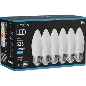 Žárovka Mexen Nova 6x LED žárovka E27, C37, 5W, Studená - 6500K, 525 lm - L102-E27-0565-01x06 Żarówki LED