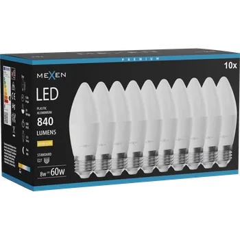 Žárovka Mexen Nova 10x LED žárovka E27, C37, 8W, Teplá - 3000K, 840 lm - L102-E27-0830-01x10 Żarówki LED