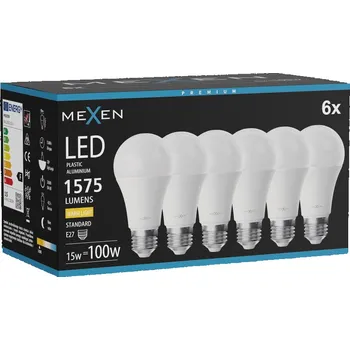 Žárovka Mexen Nova 6x Žárovka LED E27, A60, 15W, Teplá - 3000K, 1575 lm - L100-E27-1530-01x06 Żarówki LED