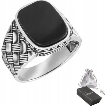 Prsten Pánský pečetní prsten stříbro 925 Elegantní Obdélníkový Prsten s Onyxem a Vzorovanou Mřížkou | Velikost vel.
