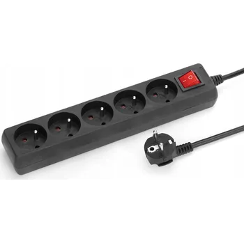 Napájecí kabel Prodlužovací Kabel přívod černý, 5 zásuvek, 5 m, s uzemněním a vypínačem