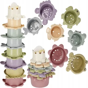 Hračka pro nejmenší VĚŽ PYRAMIDA SKLÁDACÍ PASTELOVÉ KELÍMKY DO KOUPELE