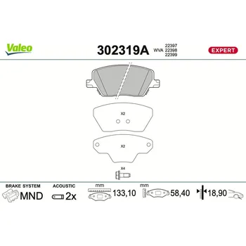 Brzdová destička Sada brzdových destiček, kotoučová brzda VALEO 302319A