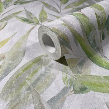 Tapeta Tapeta na zeď s motivem listů, odstíny bílé, zelené a šedé