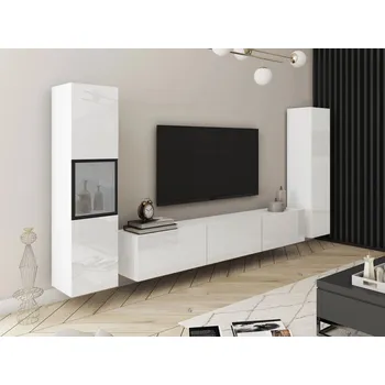 Obývací stěna Stěna do obýváku HEXIO - bílá / bílá lesklá + LED osvětlení