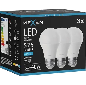 Žárovka Mexen Nova 3x LED žárovka E27, A60, 5W, Studená - 6500K, 525 lm - L100-E27-0565-01x03 Żarówki LED