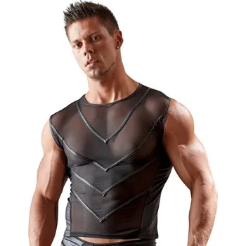 Pánské erotické prádlo Pánské síťové triko bez rukávů s proužky, S