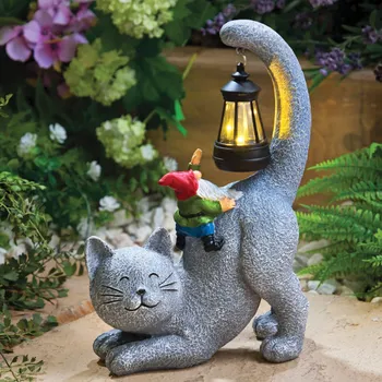 Zahradní dekorace Solární kočka s trpaslíkem mix barev