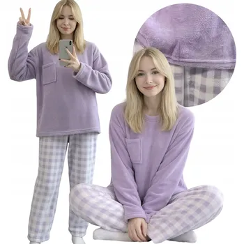 Dámské noční prádlo DÁMSKÉ PYŽAMO DVOUDÍLNÉ POHODLNÉ DLOUHÝ RUKÁV KALHOTY TEPLÉ PLYŠOVÉ L