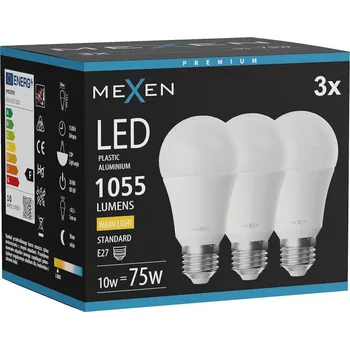 Žárovka Mexen Nova 3x LED žárovka E27, A60, 10W, Teplá - 3000K, 1055 lm - L100-E27-1030-01x03 Żarówki LED
