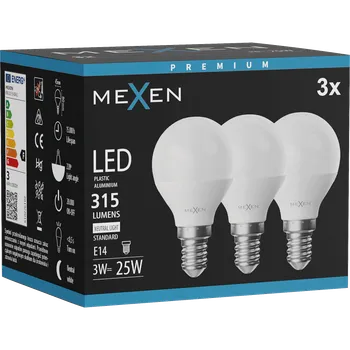 Žárovka Mexen Nova 3x LED žárovka E14, G45, 3W, Neutrální - 4000K, 315 lm - L101-E14-0340-01x03 Żarówki LED