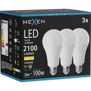 Žárovka Mexen Nova 3x LED žárovka E27, A70, 20W, Teplá - 3000K, 2100 lm - L100-E27-2030-01x03 Żarówki LED