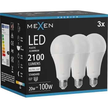 Žárovka Mexen Nova 3x LED žárovka E27, A70, 20W, Neutrální - 4000K, 2100 lm - L100-E27-2040-01x03 Żarówki LED