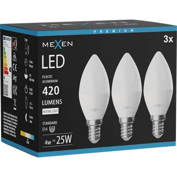 Žárovka Mexen Nova 3x LED žárovka E14, C37, 4W, Neutrální - 4000K, 420 lm - L102-E14-0440-01x03 Żarówki LED