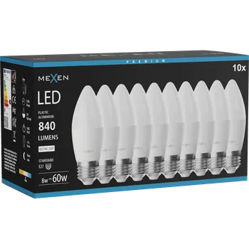 Žárovka Mexen Nova 10x LED žárovka E27, C37, 8W, Neutrální - 4000K, 840 lm - L102-E27-0840-01x10 Żarówki LED