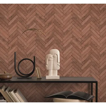 Tapeta ORANŽOVÁ VINYLOVÁ TAPETA NA VLIESU VZOR RYBÍ KOST