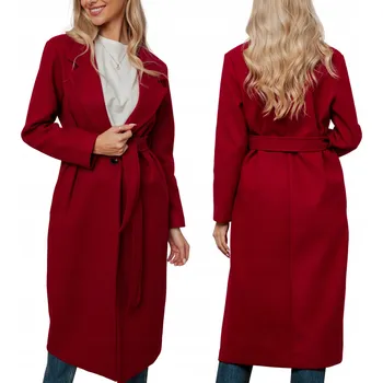 Dámský kabát Elegantní dámský dlouhý kabát s vázáním, flaušový, klasický bordó (vínový) M