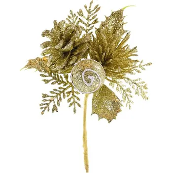 Vánoční dekorace 6 ks Vetvička MagicHome Vianoce, so šiškou, zlatá 15 cm, bal. 6 ks
