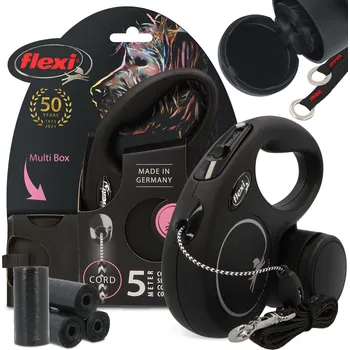 Vodítko pro psa Vodítko PSA AUTOMATICKÉ Lanko s blokádou 5m + Multi Box 80x Sáčky na psí exkrementy 3O