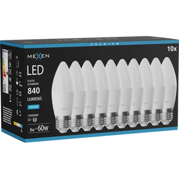Žárovka Mexen Nova 10x LED žárovka E27, C37, 8W, Studená - 6500K, 840 lm - L102-E27-0865-01x10 Żarówki LED