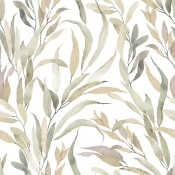 Tapeta BÍLÁ TAPETA S AKVARELOVÝMI LISTY ODSTÍNY ZELENÉ VLIESOVÁ TAPETA