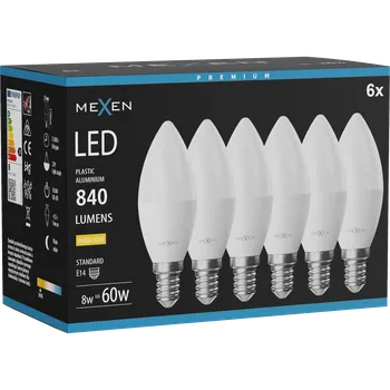 Žárovka Mexen Nova 6x LED žárovka E14, C37, 8W, Teplá - 3000K, 840 lm - L102-E14-0830-01x06 Żarówki LED