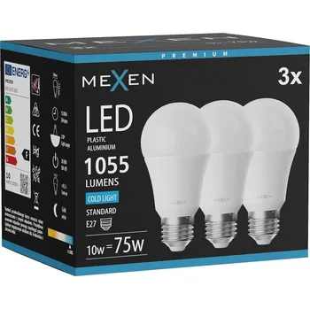 Žárovka Mexen Nova 3x LED žárovka E27, A60, 10W, Studená - 6500K, 1055 lm - L100-E27-1065-01x03 Żarówki LED
