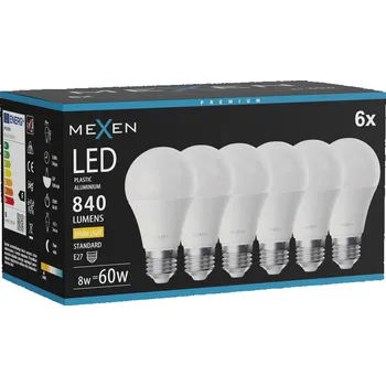 Žárovka Mexen Nova 6x LED žárovka E27, A60, 8W, Teplá - 3000K, 840 lm - L100-E27-0830-01x06 Żarówki LED