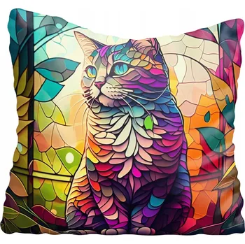 Povlak na polštářek Dekorační povlak na polštář s barevnou kočkou, vitrážový design, 70x70 cm