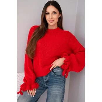 Dámský svetr Červený svetr s mohérovou směsí a ozdobnými rukávy Kesi Włoski červená 3509115