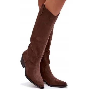 Dámské kozačky KOZAČKY KOVBOJSKÉ BOTY DÁMSKÉ Z EKO SEMIŠE NA PODPATKU VSAZOVACÍ HNĚDÉ 40