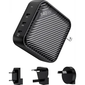 Síťová nabíječka INVZI GanHub 3× USB-C, 140 W, EU/UK/AU/US (černá)