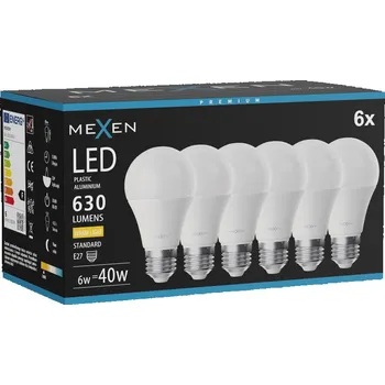 Žárovka Mexen Nova 6x LED žárovka E27, A60, 6W, Teplá - 3000K, 630 lm - L100-E27-0630-01x06 Żarówki LED