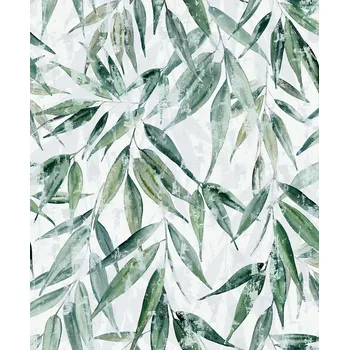 Tapeta Bílá vinylová tapeta na zeď se zelenými listy, vliesová tapeta
