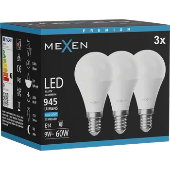 Žárovka Mexen Nova 3x LED žárovka E14, G45, 9W, Studená - 6500K, 945 lm - L101-E14-0965-01x03 Żarówki LED