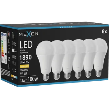 Žárovka Mexen Nova 6x LED žárovka E27, A70, 18W, Teplá - 3000K, 1890 lm - L100-E27-1830-01x06 Żarówki LED