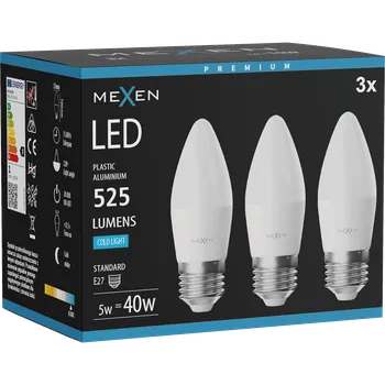 Žárovka Mexen Nova 3x LED žárovka E27, C37, 5W, Studená - 6500K, 525 lm - L102-E27-0565-01x03 Żarówki LED