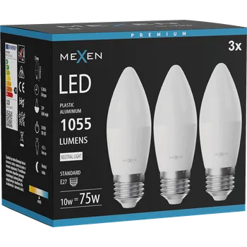 Žárovka Mexen Nova 3x LED žárovka E27, C37, 10W, Neutrální - 4000K, 1055 lm - L102-E27-1040-01x03 Żarówki LED