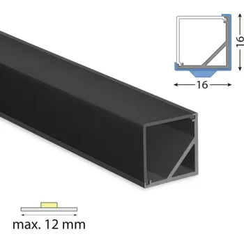 LED páska Rohový hliníkový profil černý RI 16x16mm včetně černého difuzoru 2 m