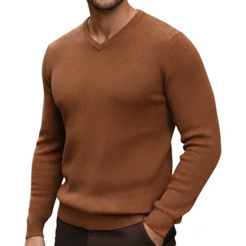 Pánský svetr Pánský hnědý svetr s proužky, výstřih do V, slim fit střih WX2290 - L