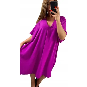 Dámské šaty V632 ŠATY S ŠATY RUKÁVEM A KAPSAMI FIALOVÉ vel. 52 (6XL)