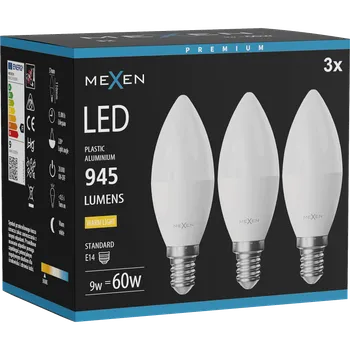 Žárovka Mexen Nova 3x LED žárovka E14, C37, 9W, Teplá - 3000K, 945 lm - L102-E14-0930-01x03 Żarówki LED