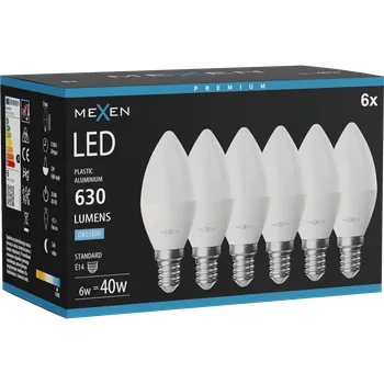 Žárovka Mexen Nova 6x LED žárovka E14, C37, 6W, Studená - 6500K, 630 lm - L102-E14-0665-01x06 Żarówki LED