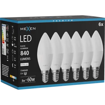 Žárovka Mexen Nova 6x LED žárovka E14, C37, 8W, Neutrální - 4000K, 840 lm - L102-E14-0840-01x06 Żarówki LED