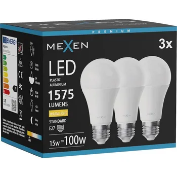 Žárovka Mexen Nova 3x LED žárovka E27, A60, 15W, Teplá - 3000K, 1575 lm - L100-E27-1530-01x03 Żarówki LED