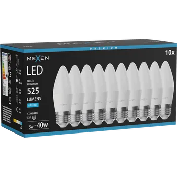 Žárovka Mexen Nova 10x LED žárovka E27, C37, 5W, Studená - 6500K, 525 lm - L102-E27-0565-01x10 Żarówki LED