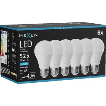 Žárovka Mexen Nova 6x LED žárovka E27, A60, 5W, Studená - 6500K, 525 lm - L100-E27-0565-01x06 Żarówki LED