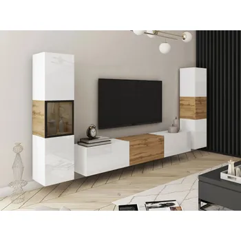 Obývací stěna Stěna do obýváku HEXIO - bílá / bílá lesklá / dub wotan