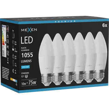 Žárovka Mexen Nova 6x LED žárovka E27, C37, 10W, Studená - 6500K, 1055 lm - L102-E27-1065-01x06 Żarówki LED